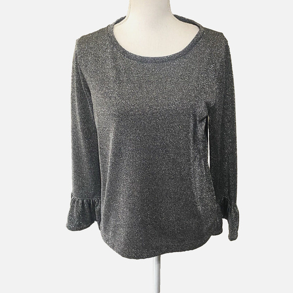 J Crew Sparkle Metallic Blouse Womens Sz M Silver Ruffle Sleeves‎ Party NWT - Picture 1 of 11